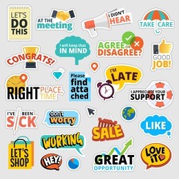 set of flat design business stickers. isolated vector illustrations for business communication, social network, social media, web design, business presentation, marketing material.