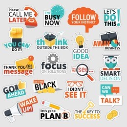 set of flat design business stickers. isolated vector illustrations for business communication, social network, social media, web design, business presentation, marketing material.