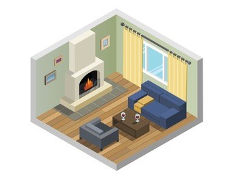 vector isometric set of living room furniture, romantic decoration,  fireplace, windows, cosy interior design, 3d flat objects, winter holidays concept. 