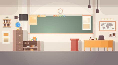 school classroom interior board desk banner flat vector illustration