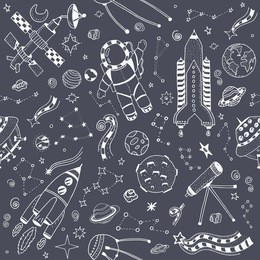 seamless pattern of space doodles objects of hand drawn cartoon set of vector illustration