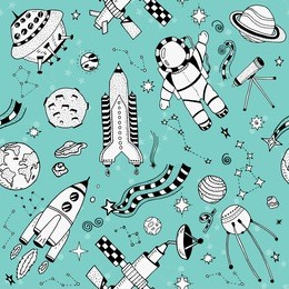 seamless pattern of space doodles objects hand drawn and cartoon set of vector illustration