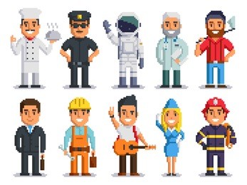 pixel art characters set, professions pixel art people isolated design. chef, policeman, cosmonaut, doctor, woodcutter, businessman, builder, musician, stewardess, firefighter. vector pixel 8 bit art.