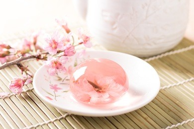 japanese confectionery, edible flower sakura in kanten jelly