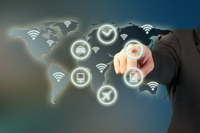 business man touching virtual interface screen with global network concept