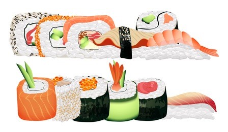 japanese seafood sushi rolls group. healthy asian sushi food in restaurant menu