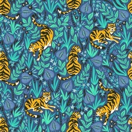 vector seamless pattern with tigers in the jungle. tropical background for fabric or wallpaper boho design.
