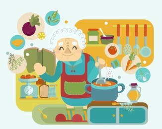 grandmother cooking, modern flat style illustration, vector