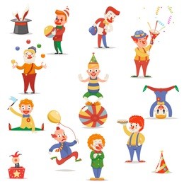 circus clowns cute funny different positions actions character icons set retro cartoon design vector illustration