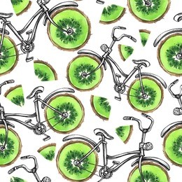 watercolor seamless pattern bicycles with kiwi  wheels. colorful summer background. original hand drawn illustration. healthy food. lifestyle and sport.