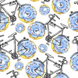 watercolor seamless pattern bicycles with donuts wheels. colorful summer background. original hand drawn illustration. delicious food. lifestyle and sport.