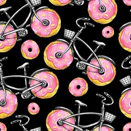 watercolor seamless pattern bicycles with donuts wheels. colorful summer background. original hand drawn illustration. delicious food. lifestyle and sport.