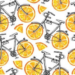 watercolor seamless pattern bicycles with orange wheels. colorful summer background. original hand drawn illustration. healthy food. lifestyle and sport.