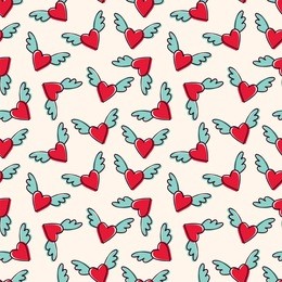seamless vector pattern with winged hearts. hand drawn.
