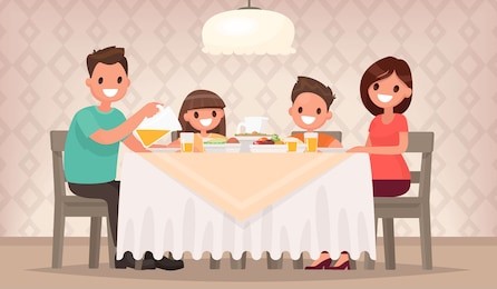 family meal. father mother, son and daughter together sit at the table and have lunch. vector illustration in a flat style