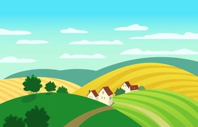 autumn landscape. cartoon farm houses silhouettes. country winding road on meadows and fields. rural community view among hills. village countryside scene background.  illustration