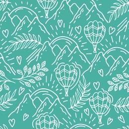 seamless hand drawn pattern with a balloon and mountains