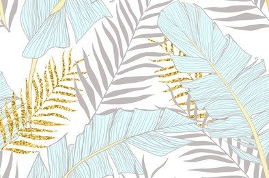 seamless pattern with banana and golden palm leaves in vector