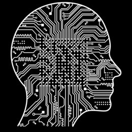 artificial intelligence. the image of human head outlines, inside of which there is an abstract circuit board.