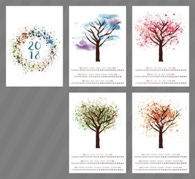 a scalable vector calendar for the year 2018 with a watercolor and vector drawing of a tree changing as the seasons change, with four pages and a cover with an abstract texture, with copyspace