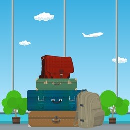 retro colored suitcases and bag against the window in the waiting room at the airport , luggage bags for traveling, travel and tourism concept , vector illustration 
