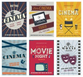 retro cinema posters and flyers. colorful set of movie design elements with film projector, tv set,  cinema theater, director chair, popcorn, soda, reel and more.  can be used for print, web. vector.