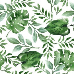 watercolor seamless background with green tropical leaves