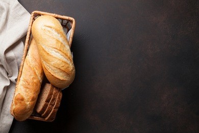 fresh bread on stone table. top view with space for your text 