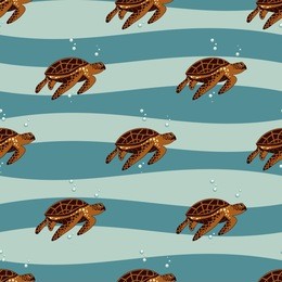 sea turtles and bubbles seamless vector pattern. 