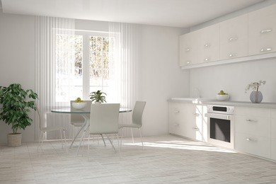 white modern kitchen. scandinavian interior design. 3d illustration