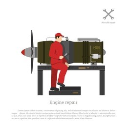repair and maintenance of aircraft. the mechanic repairing jet engine of airplane. vector illustration.