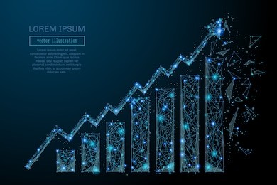 abstract image of a growth chart in the form of a starry sky or space, consisting of points, lines, and shapes in the form of planets, stars and the universe. vector wireframe concept.