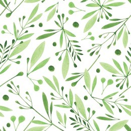 watercolor seamless botanical pattern. monochrome  flowers,leaves, herbs background. hand painting. green grass texture.