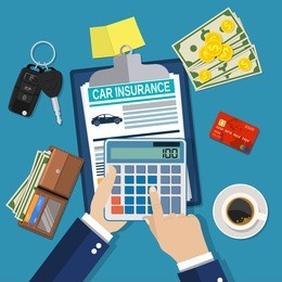 car insurance form concept. auto keys, car, calculator, clipboard and money. businessman hands holding calculator. vector illustration in flat style