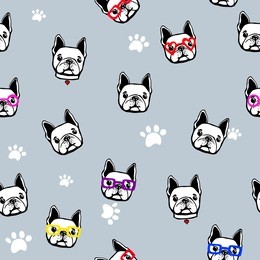 funny childish wallpaper with repeated pattern dogs. creative original animals seemless backdrop. funny face french bulldog with sunglasses, heart necklace , paw on grey background