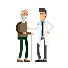 young male doctor helping a elderly man with a cane. vector illustration of a flat design