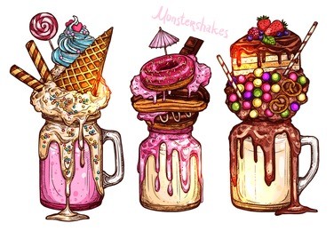 monstershakes in color sketch style. freak and crazy milkshakes. hand drawn creative dessert