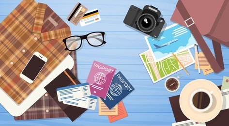 travel luggage passport tickets clothes document vacation concept flat vector illustration