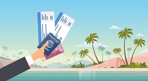hand holding ticket boarding pass travel document seaside vacation sea beach background flat vector illustration