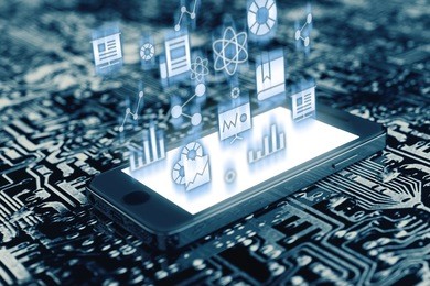 smartphone on circuit board with holographic science and data icons. futuristic 3d illustration background image.