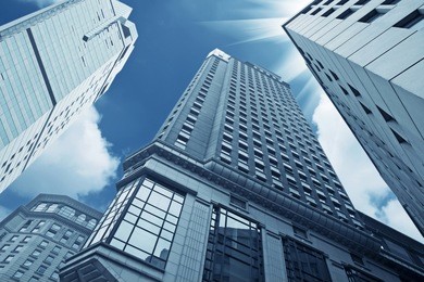 looking up the modern buildings in shanghai