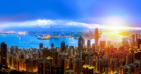 sunrise in victoria harbor hong kong lookout from the peak