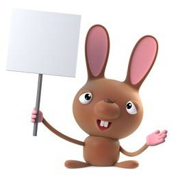 3d render of a cute cartoon easter bunny rabbit character holding a blank placard in protest.