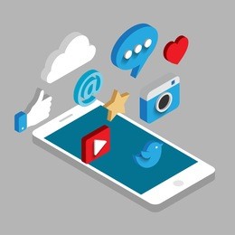 social media flat 3d isometric concept vector icons. desktop, chat, video, camera, phone, tablet.  flat web illustration infographics collection.