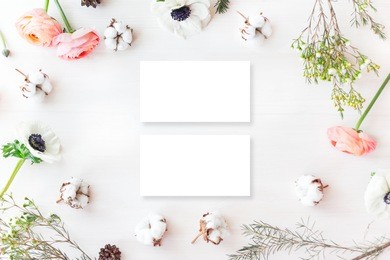 stylish branding mockup to display your artworks. cute vintage mock up on wooden background. flat lay top view.