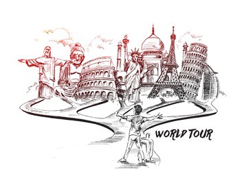 travel and tourism background with famous world landmarks, hand drawn sketch vector illustration. 