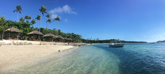 landscape of a resort on one of  the yasawa islands of fiji. it is volcanic archipelago lying north west to the main island of fiji, viti levu. the group, is a very popular tourist destination.