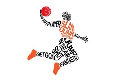 basketball player jump in the air to shot with a slam dunk posture. illustration from word concept.