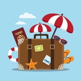 composition with a suitcase and accessories travel. holidays on the beach concept. vector illustration.