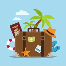 composition with a suitcase and accessories travel. holidays on the beach concept. vector illustration.